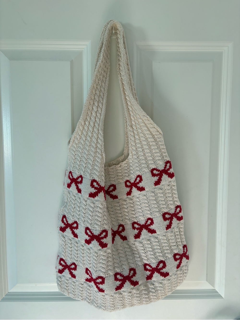 Cream Knit Tote Bag with Red Bow Accents